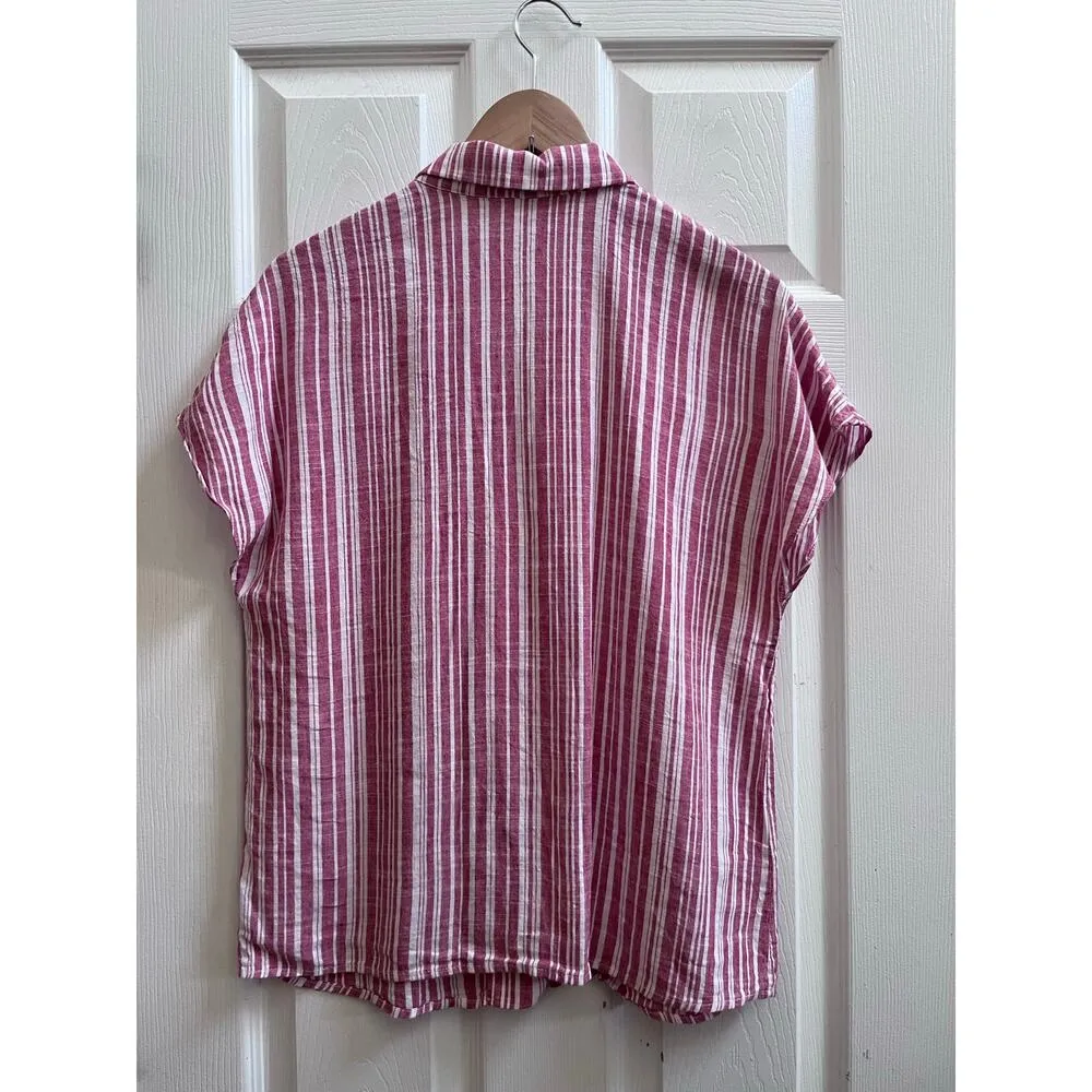 MNG Mango Basics Striped Camp Collar Linen Blend Button Top Size 8 Medium - Image 4