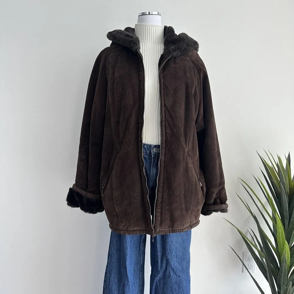 Marvin Richards Jacket Womens XL Brown Suede Leather Faux Fur Lined Hooded - Image 2