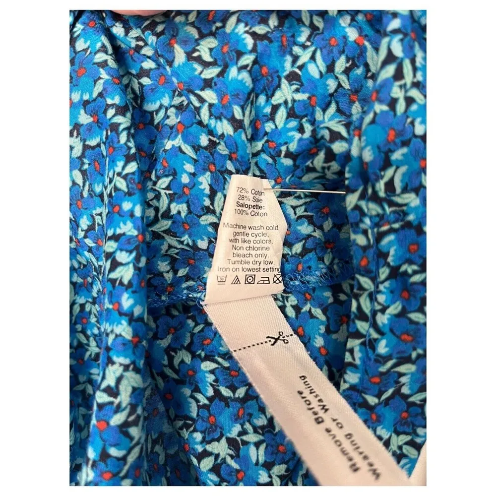 J Crew Top Womens 00 Silk Blend Ditsy Floral Keyhole Tie Neck Contrast Blue - Image 7