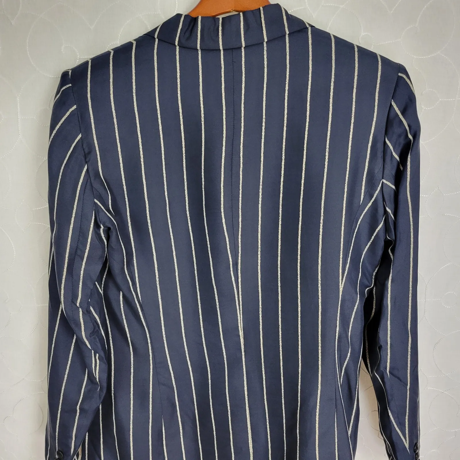 Vintage Avant‎ Garde Silk Jacket Womens 44 Navy Blue Pin Striped Italian Minimal Size undefined - Image 3