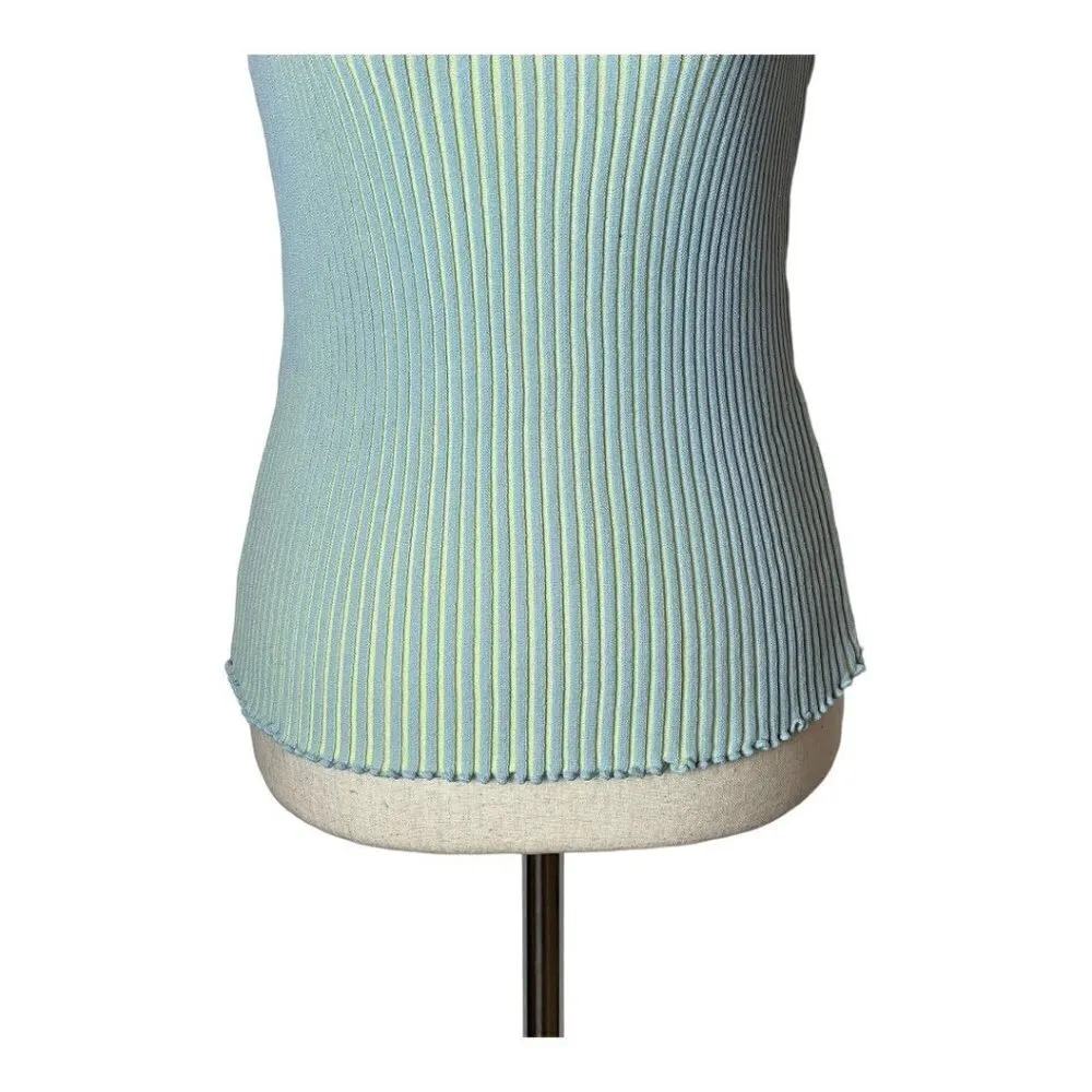 Dolce Cabo Blue And Yellow Ribbed Knit Ruffled Neckline‎ And Hem Tank Top M Size M - Image 6