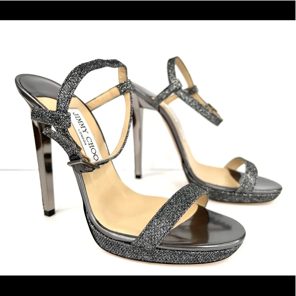 Jimmy Choo Claudette Lamé Glitter Platform 120mm Sandals Anthracite Size EU 39.5 - Image 12