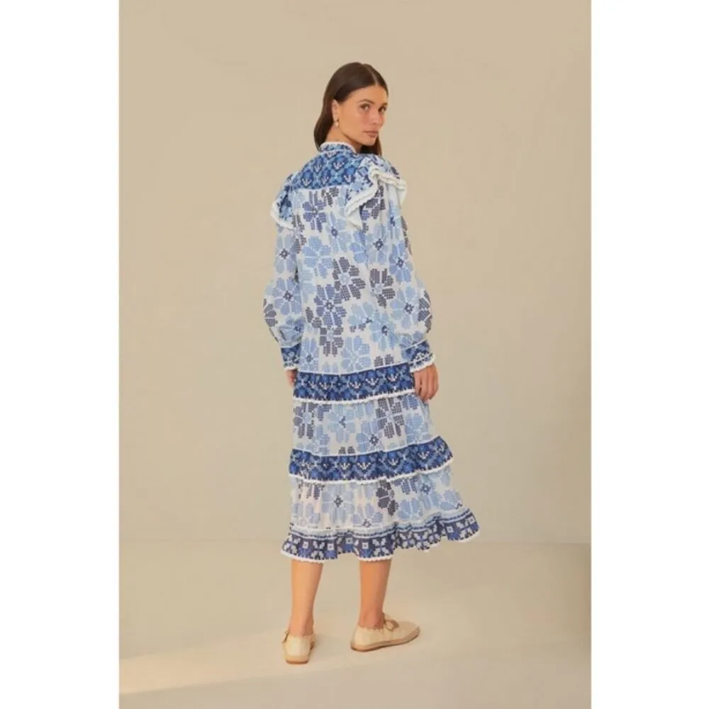 💕FARM RIO💕 Off-White Stitched Flowers And Girls Midi Dress ~ Small S NWT - Image 3