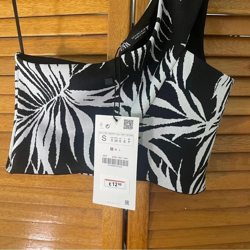 Zara One Shoulder Palm Print Jacquard Cross Over Crop Top S NWT - Image 4
