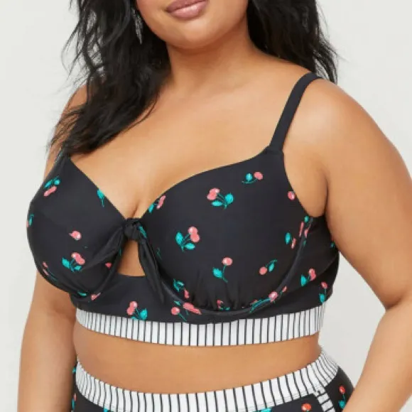 Lane Bryant Plus Size 46DDD Swim Bikini Top Swimsuit Retro Cherries Pinup Black - Image 1