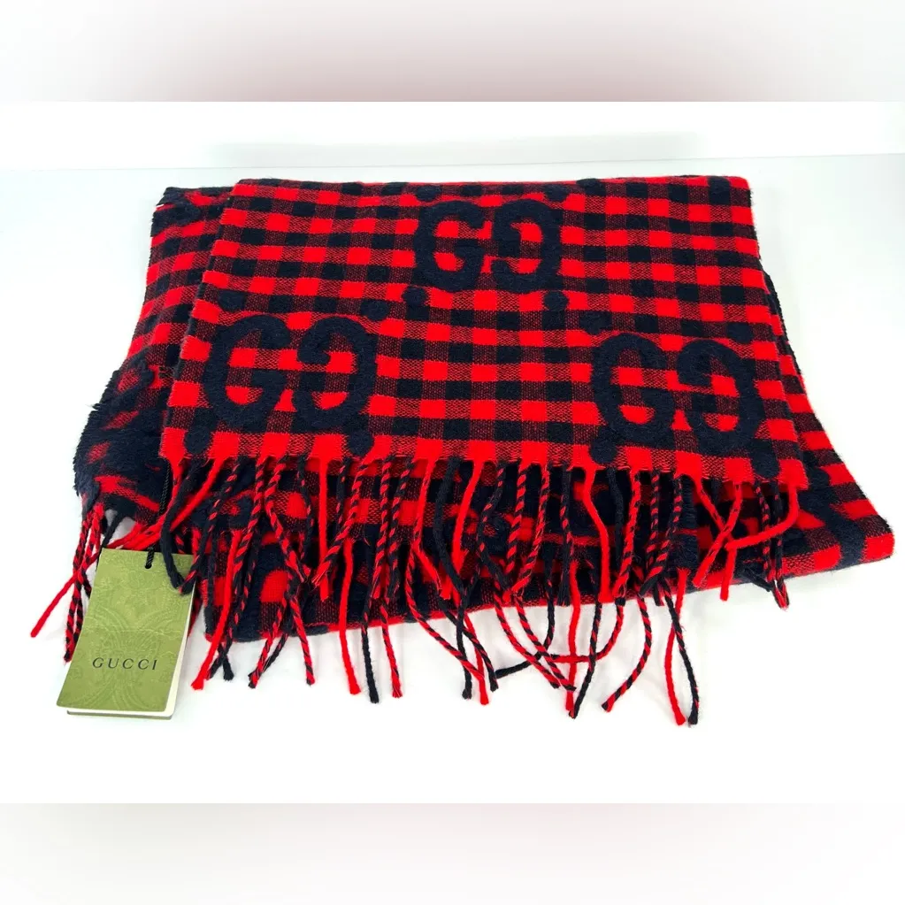 Gucci 644365 Red Blue Wool Jacquard Check GG Diamcheck Logo UNISEX Fringe Scarf - Image 2