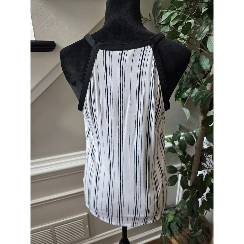 Candie's Blouse Top Women M White Black Striped Rayon Stretch V Neck Sleeveless - Image 4