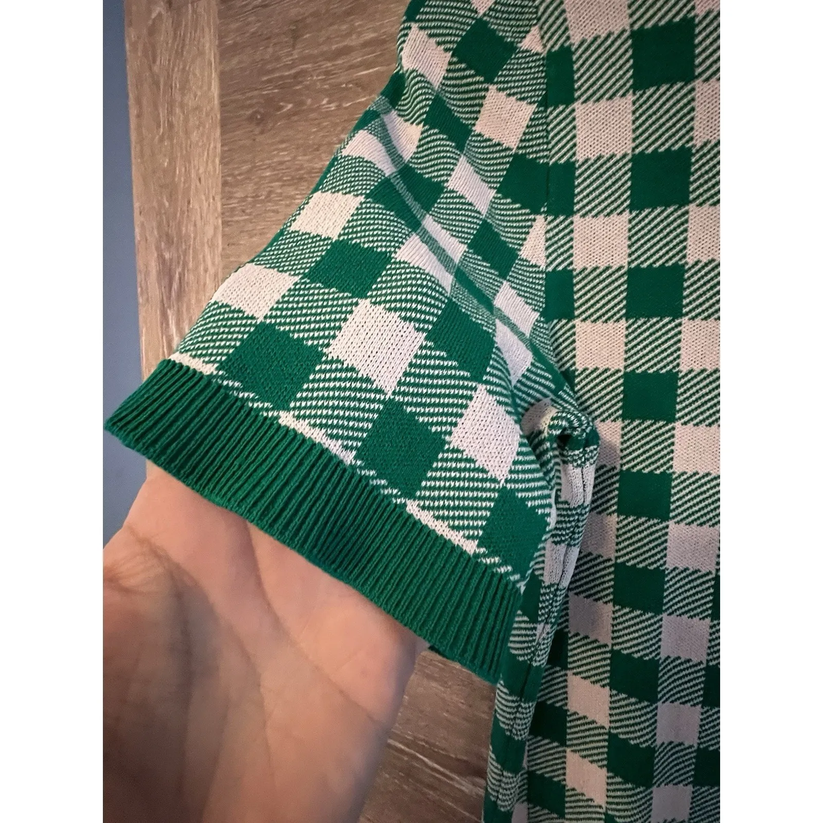 Ronny Kobo Check Plaid Short Sleeve Sweater Green and White Size Large Preppy - Image 9