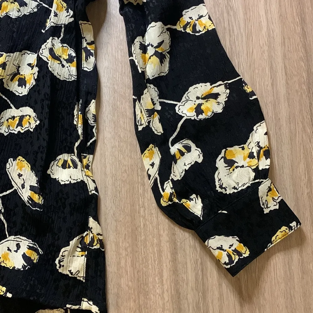 BA&SH Una Satin Jacquard Button Down Shirt in Black & Yellow Floral Print Medium - Image 12