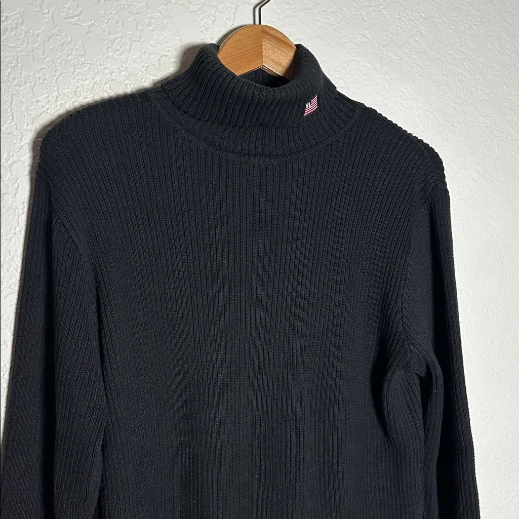 Ralph Lauren Polo Black Ribbed Turtleneck Sweater 90s Flag Embroidered Womens XL - Image 2