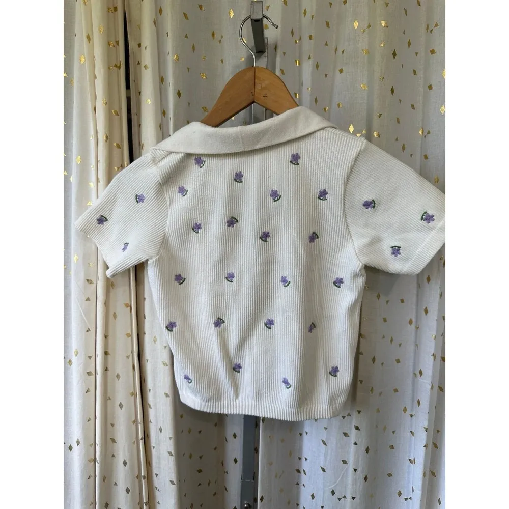 Zara Ribbed Knit Embroidered Flowers Collar Split Plunge Crop Baby Sweater M/L - Image 3