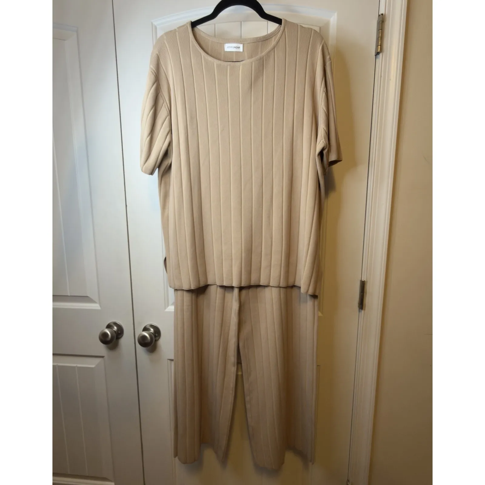 JOYFUNEAR Set Women Tan Nude Ribbed Knit Two Piece Lounge Sweater Top Pants 2X Size XXL - Image 3