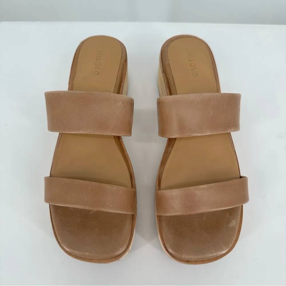 Nisolo Ellie All Day Leather Sandals sz 8.5 Double Strap Wood Bottom Heeled Clog Tan - Image 5