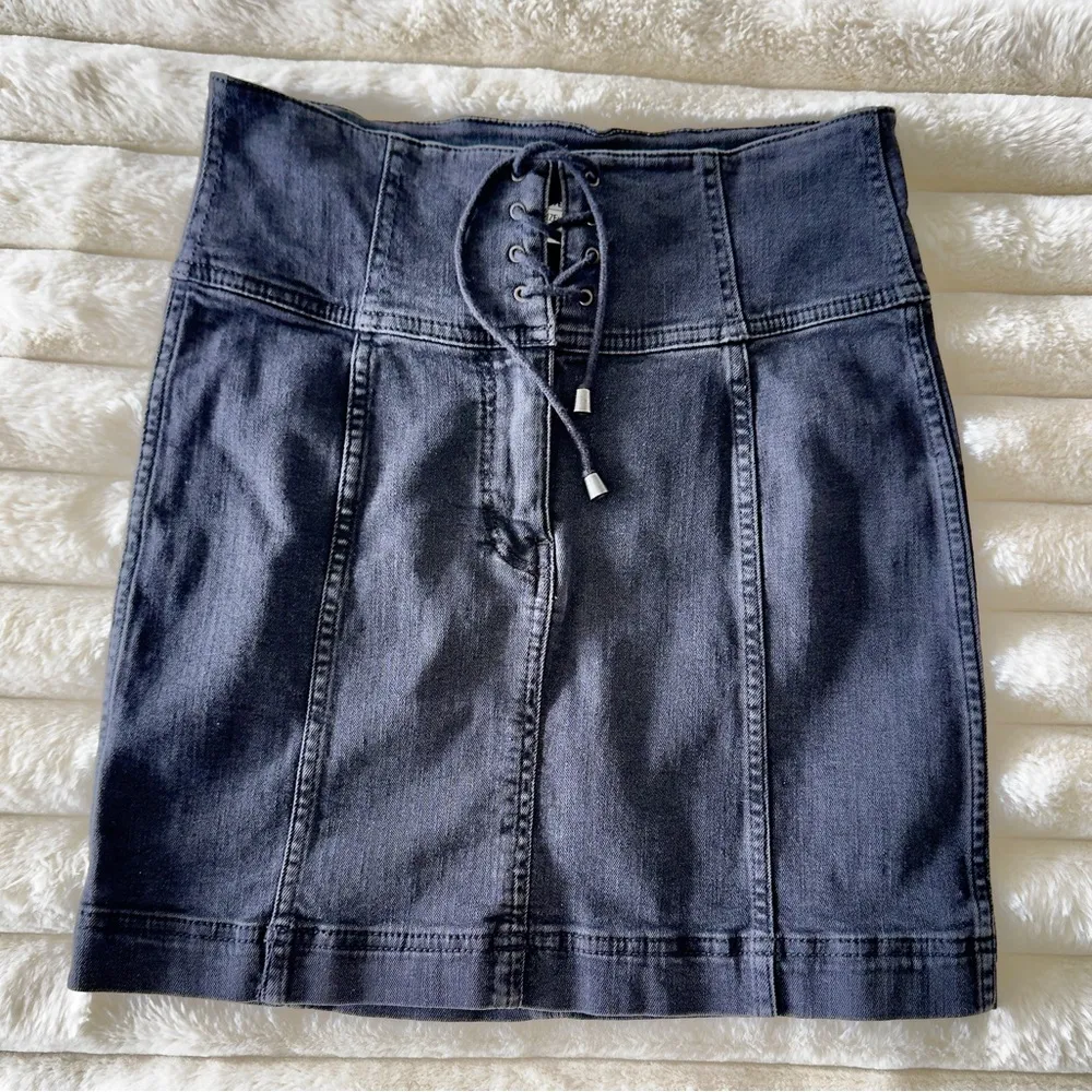 Free People Modern Femme Black Stretch lace up Denim Corset Skirt - 4 - Image 3