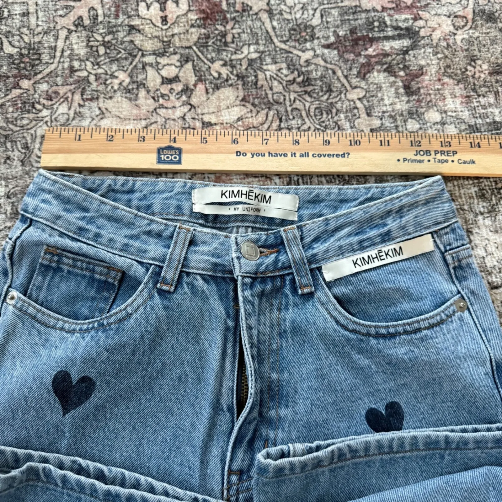 Kimhekim Heart Stamped Print Wide Leg Denim Blue Jeans Size Small • My Uniform - Image 7