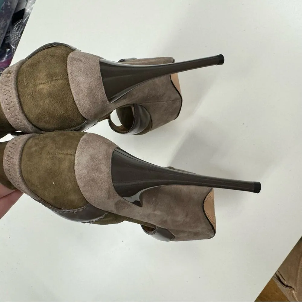 L.A.M.B. Olive Green & Grey Leather Contrast Stiletto Heels Womens 6 Y2K Suede - Image 8