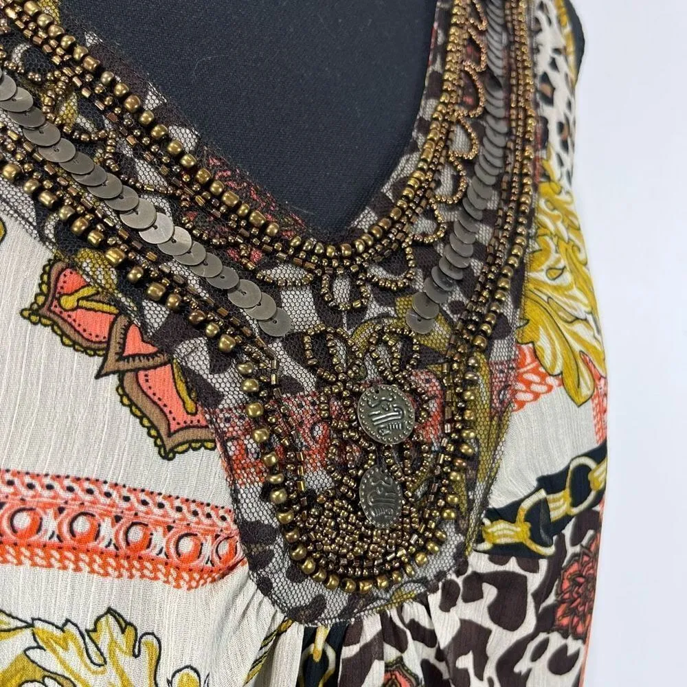 Zac & Rachel Abstract Animal Print Beaded Neck Blouse Sz S Women’s Brown - Image 3