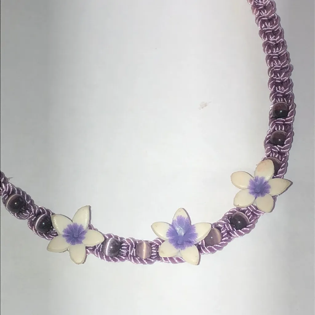 Purple and Cream Floral Moon Glow Beads Boho Necklace - Image 2