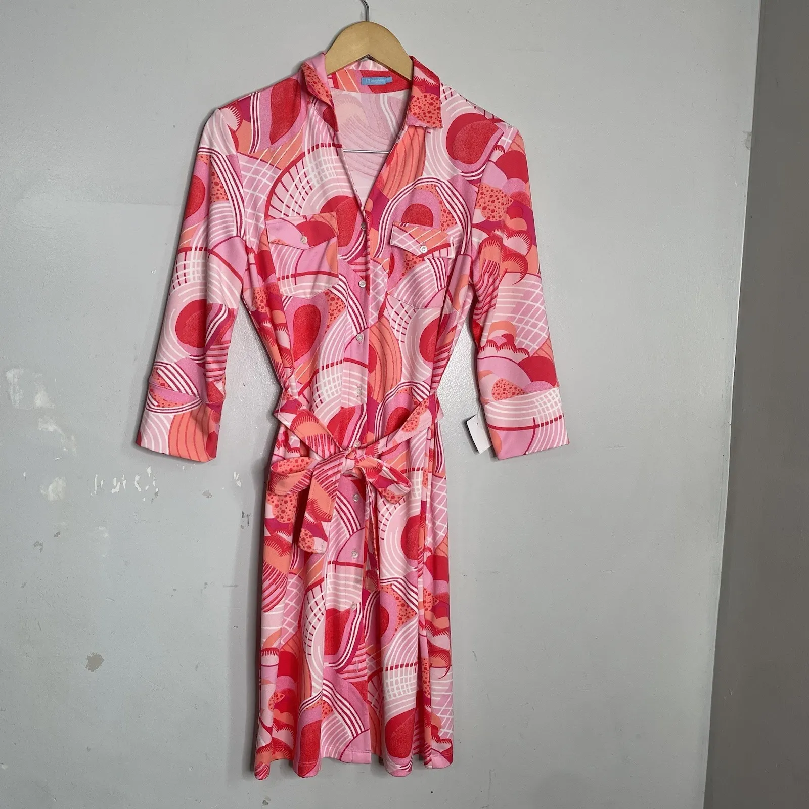 J. McLaughlin Brynn Pink Belted 3/4 Sleeve Tailored Shirt Dress Womens M Office - Image 2