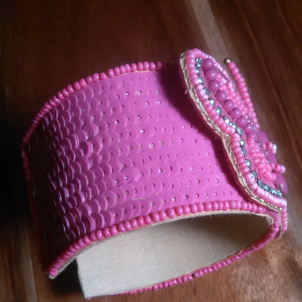 Handcrafted Fushsia Seed Beaded Butterfly Cuff Bracelet - Image 4