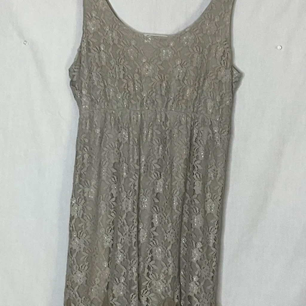 Mystree Lace Tank Dress Beige Size Lg Boho Cottagecore Feminine Chic Flounce Hem - Image 7