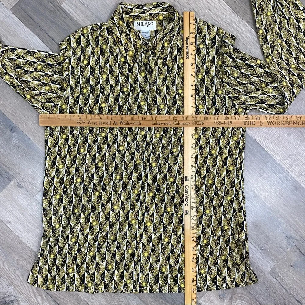Milano Vintage Printed Button Front Blouse Black Yellow Gold Small - Image 11