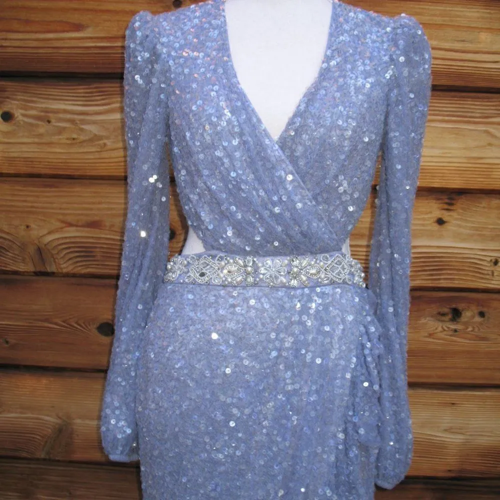 Mac Duggal 5745 Womens Sequined Faux Wrap Cut Out Puff Sleeve Gown Dress - Image 10