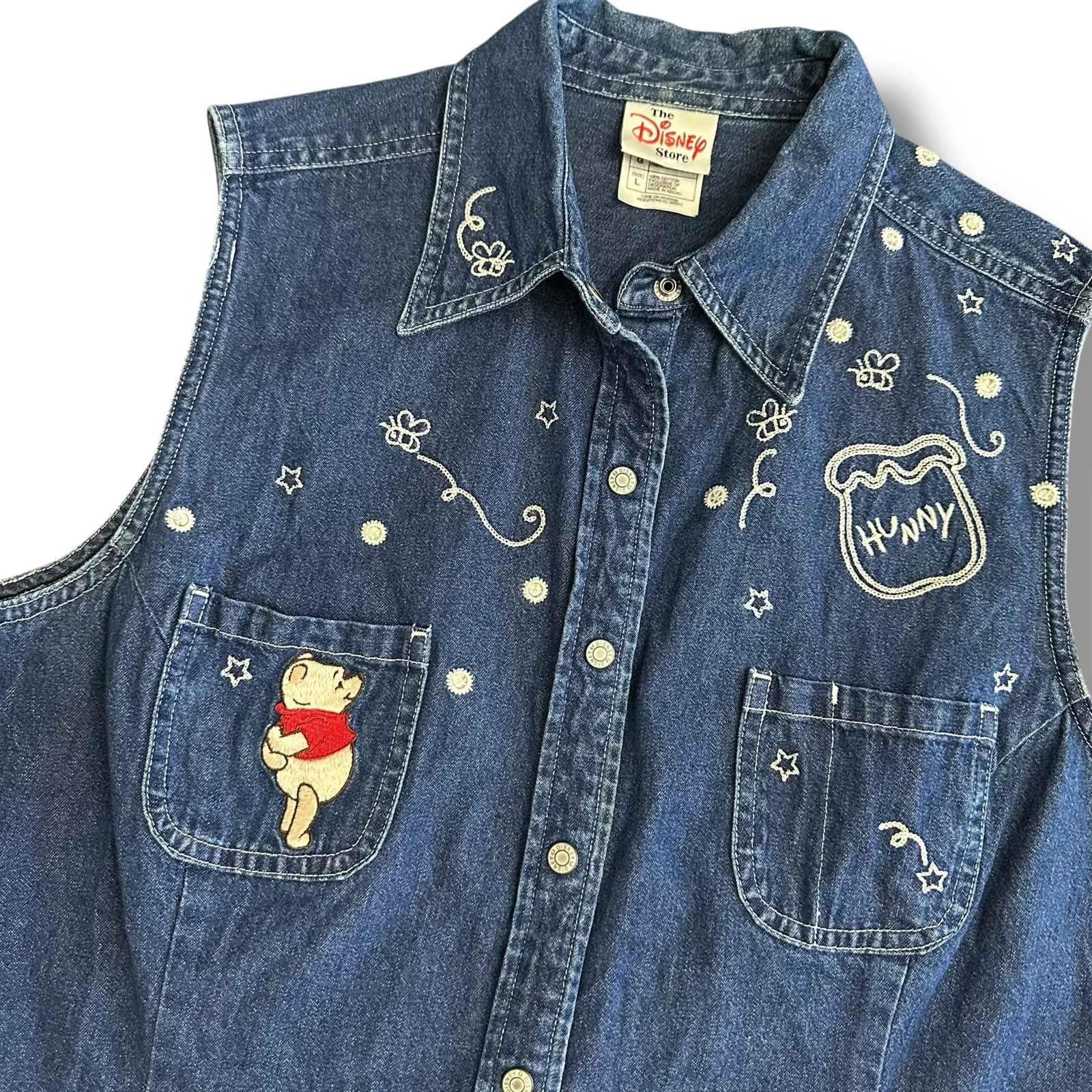 Rare Vintage‎ Disney Store Winnie the Pooh Denim Vest Hunny Bees 90s Y2K L - Image 7