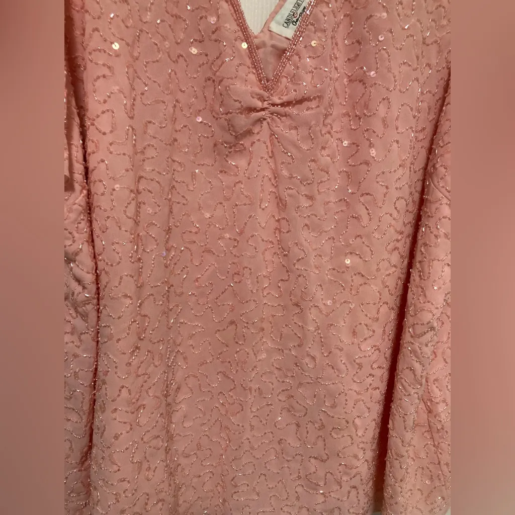 Candlelight & Champagne Light Peach Vintage V Neck Beaded Sequin Blouse Top Orange Size 30W - Image 4