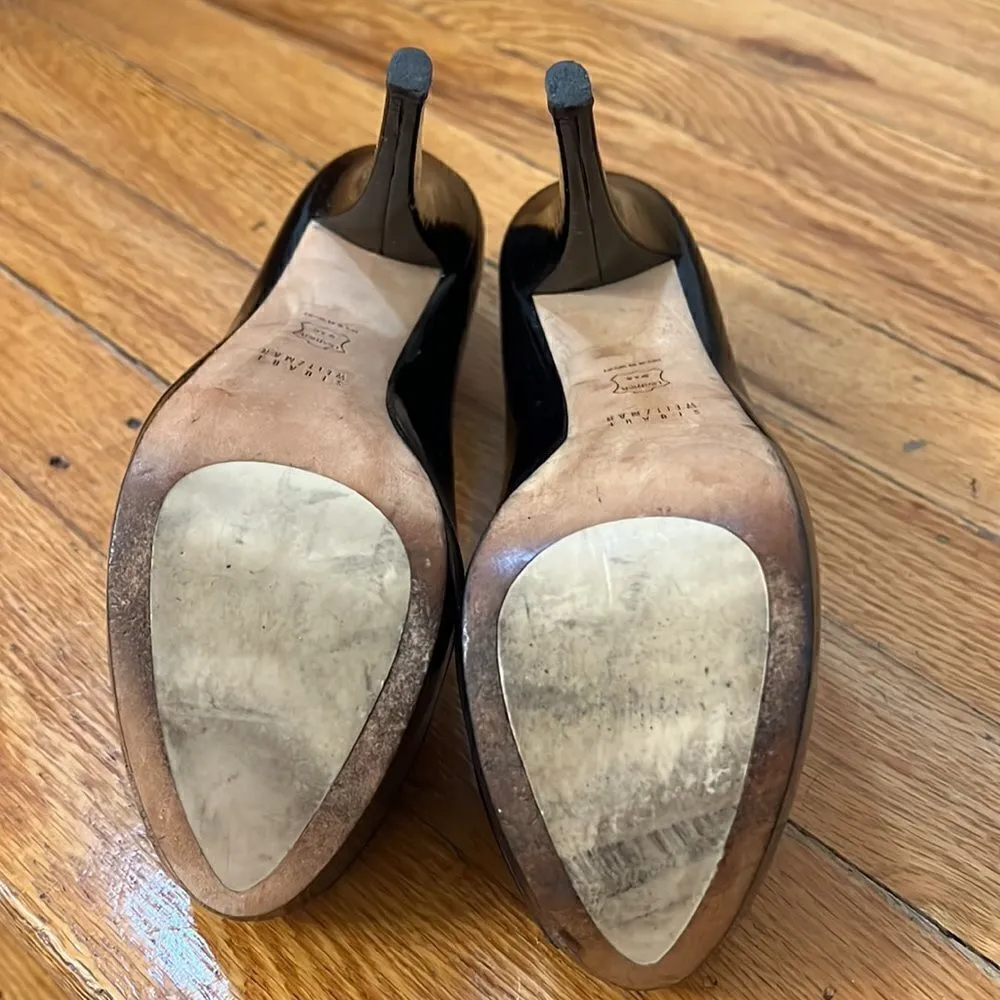 Stuart Weitzman Black Patent Leather Platform Peep Toe Pumps Size 7M - Image 9