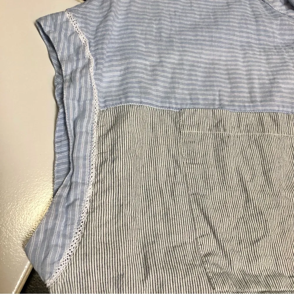 Sita Murt Blue Camp Top Tie Collar Top Soft Cotton Short Sleeve Retro Striped M - Image 8