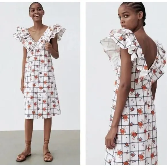 NWT Zara Floral Windowpane Floral White Ruffle Sleeve Midi Dress Chic Sz S - Image 2