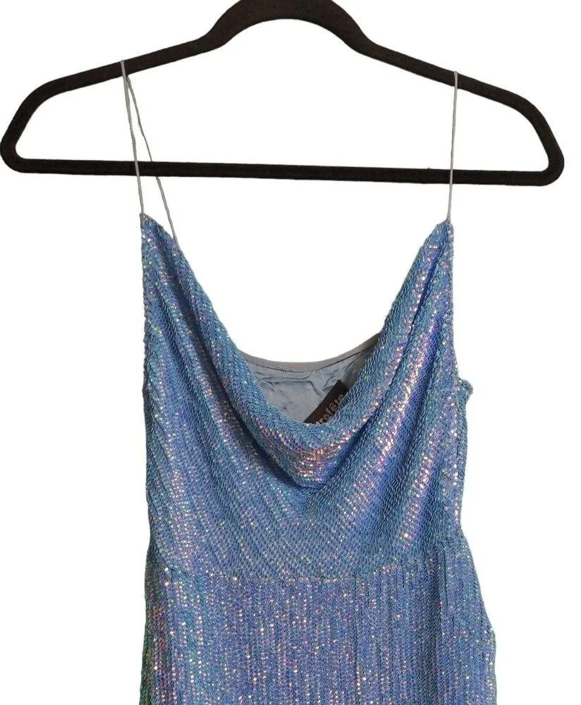 Retrofete Katya Sequin Gown Iridescent Blue Ruched Maxi Dress Sparkle XS FLAW - Image 2