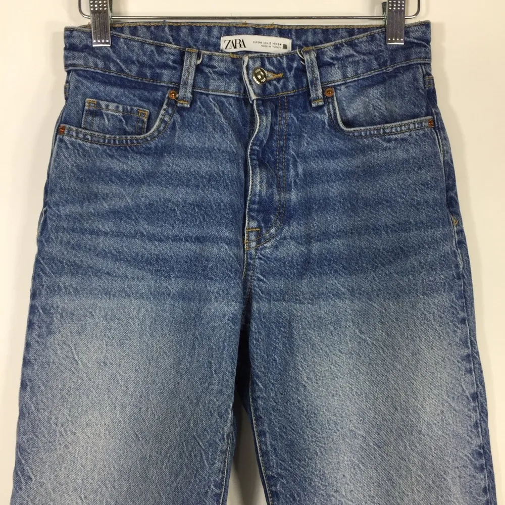 Zara Straight Leg Jeans 100% Cotton Raw Frayed Hem Size 2 - Image 7