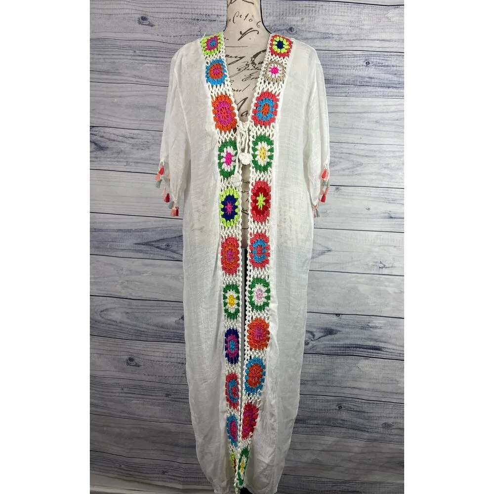 Rebellion Again Duster Cover Up Women XS Colorful Crochet Tassel Sheer Beach NWT White - Image 2