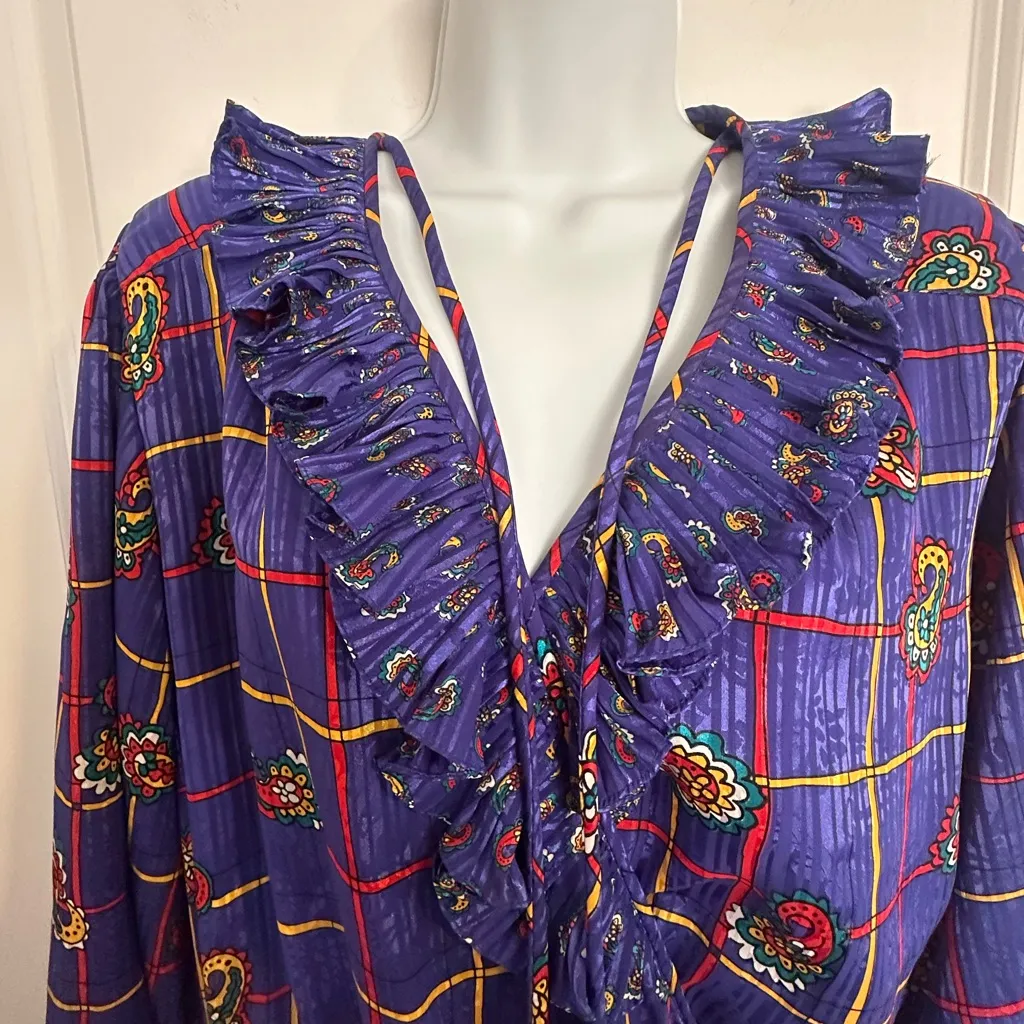 Vtg 80s Jaymee Papell midi dress smocked paisley 3/4 bishop sleeve ruffle granny Purple Size M - Image 4