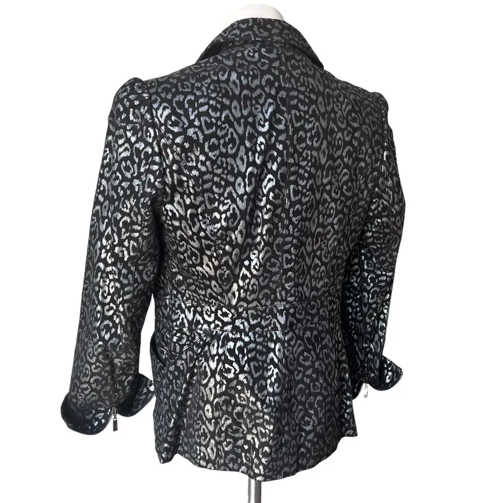 Pamela McCoy Leather Jacket Blazer Cheetah Print Black Metallic Silver, … Size XS - Image 4
