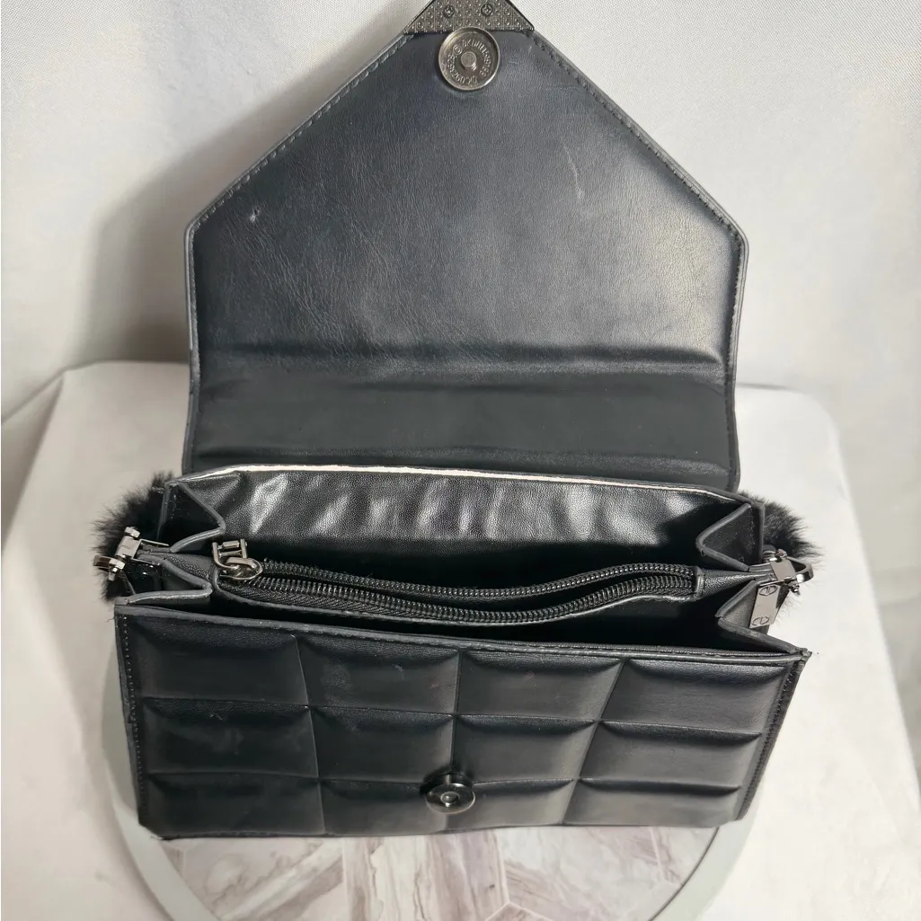 Black Quilted Faux Leather Handbag With Chain Strap And Strawberry Charm - Image 9