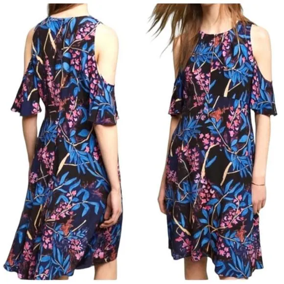 Anthropologie Maeve Elia Dress Cold Shoulder size 8 blue floral - Image 2