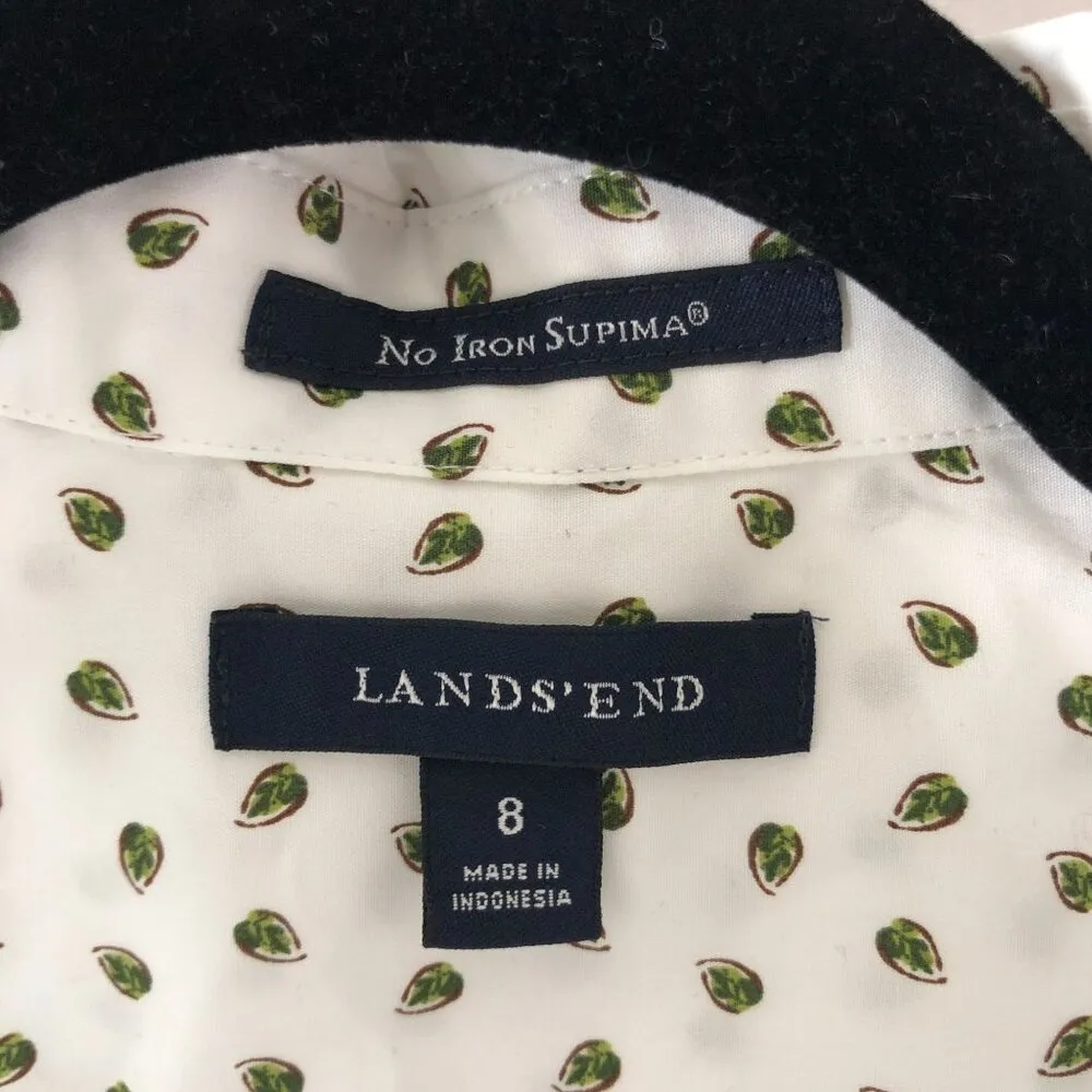 Lands End Womens Top No Iron Supima Button Down Shirt Leaf Print White 8 - Image 3