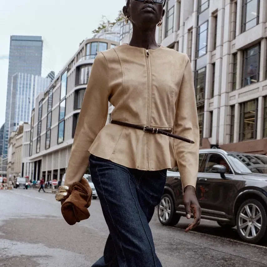 ZARA NWT belted tan brown zipper front peplum jacket top - Image 9