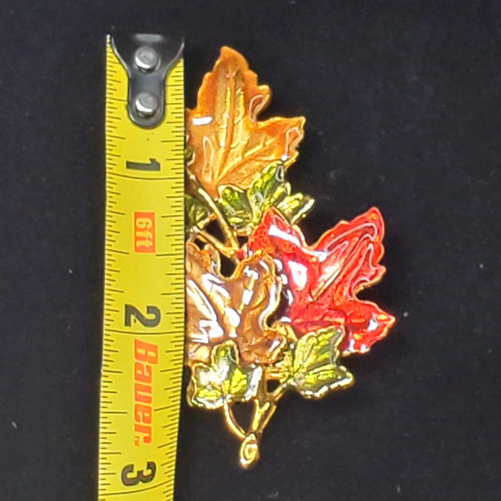 Vintage KC Green Orange Harvest Branch Maple Leaves Enamel 3" Signed - Image 4