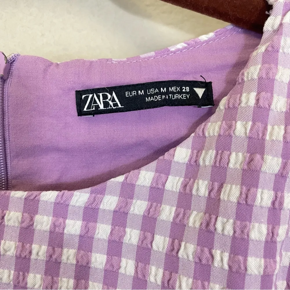 ZARA‎ Purple Gingham Puff Sleeve Rushed Mini Dress Size Small BLOGGERS FAV - Image 6