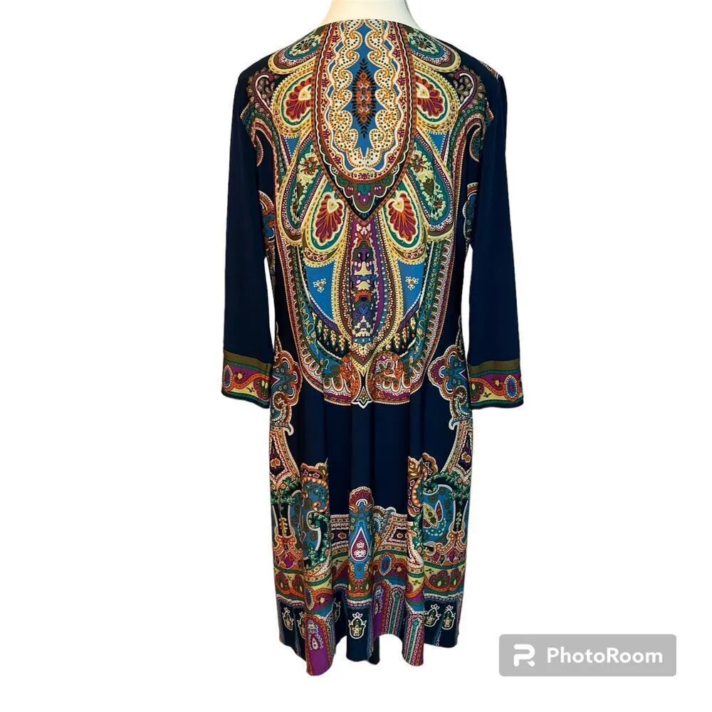 London Times Stained Glass Baroque Shift Skimmer Dress Size 12 Navy Colorful - Image 4