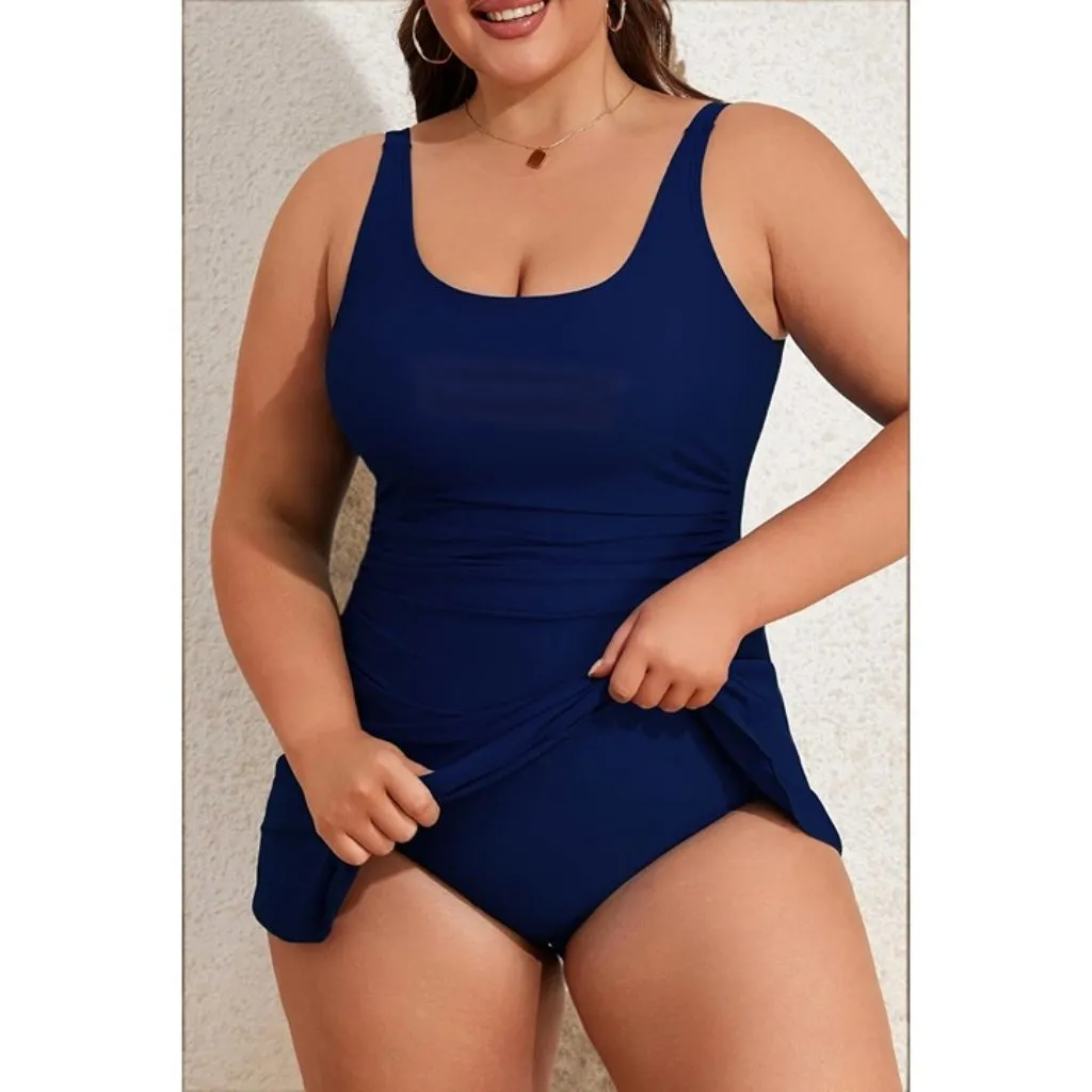 Eomenie 20 Plus Size Slimming Swim Dress One Piece Swimsuit Deep Blue - Image 5