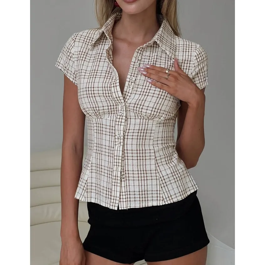 Princess Polly Short Sleeve Button Up Shirt Checks Cottesloe Size US 0 Cream - Image 4