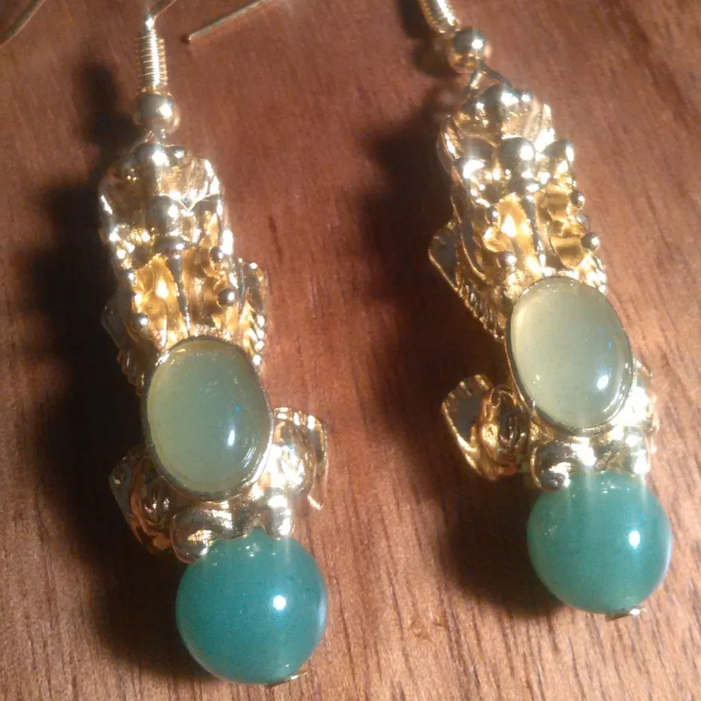Green Aventurine Dragon Goldtone and Stainless Steel Dangle Earrings - Image 3