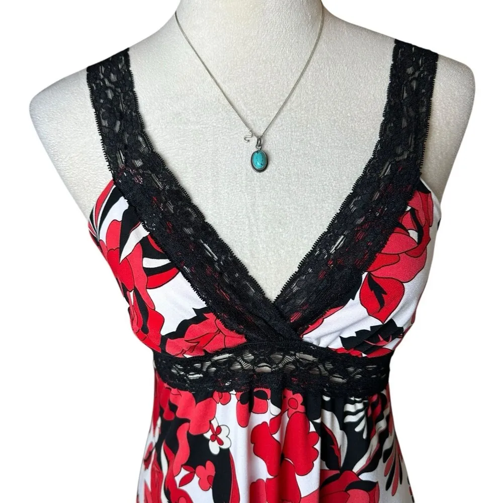 Vintage Forever 21 Babydoll Red Floral Lace Trim Tunic Mini Dress L | Y2K Retro - Image 5