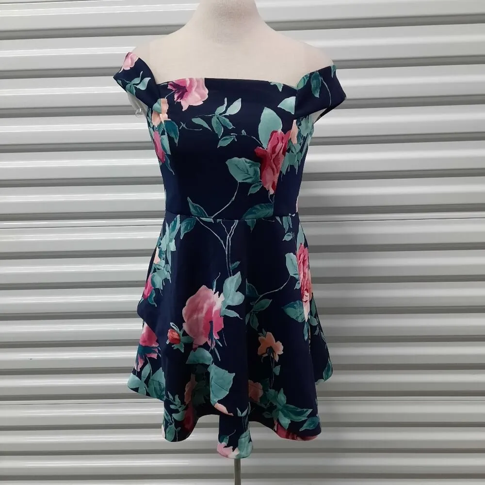 Speechless Dress Junior's Large Blue Floral Off The Shoulder Special Occasion - Image 3