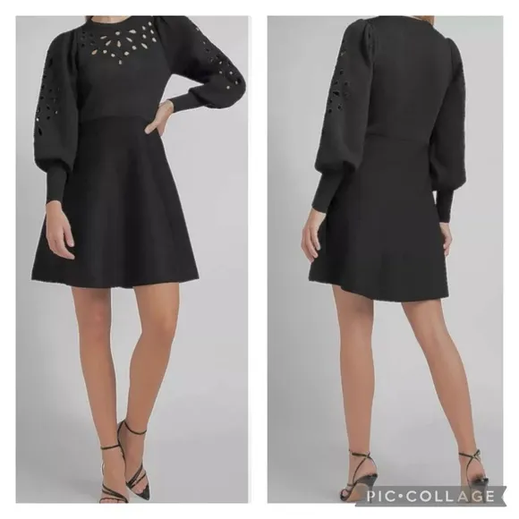 Express Dress Long Puff Ballon Sleeve Eyelet Knit SP Skater Cocktail Party Chic - Image 2